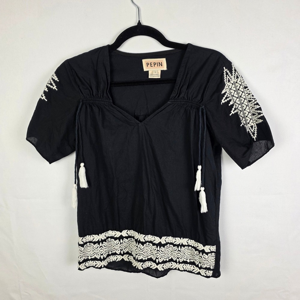 PEPIN‎ Black Cotton Embroidered Tassel Boho Blouse Top Womens Small